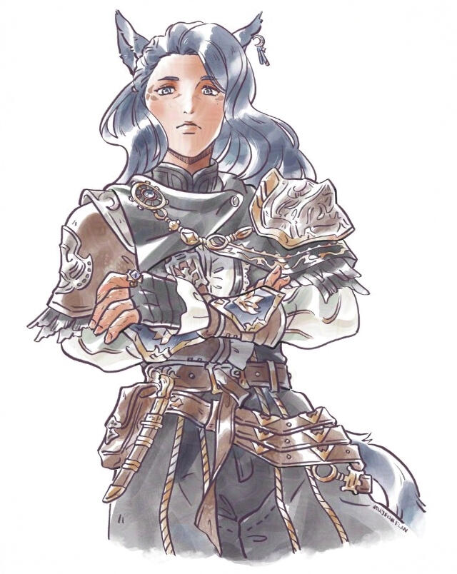 Half body drawing of a miqo'te with his arms crossed over his chest, frowning. He has long, dark blue hair and wears Rinascita aiming gear.