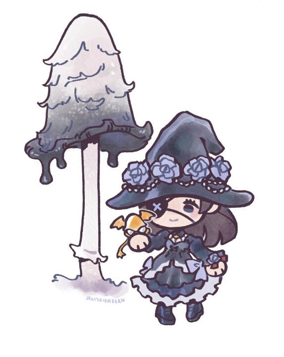 Chibi style drawing of Edda Blackbosom and a mushroom.