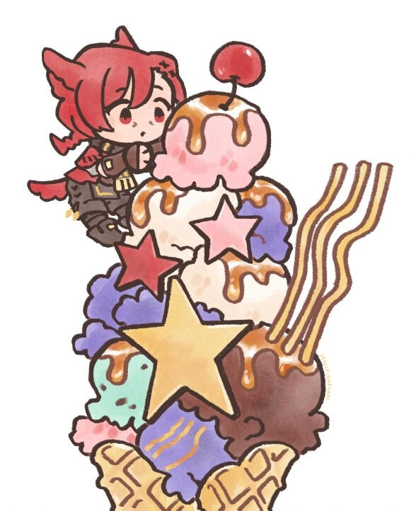 Gold star ice cream Chibi style drawing of G'raha Tia climbing a waffle cone holding several scoops of colorful ice cream with caramel sauce, star-shaped wafers, and a cherry on top.