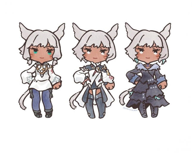Dress-up Y'shtola Chibi style drawings of Y'shtola in her ARR, HSW, and SHB outfits.