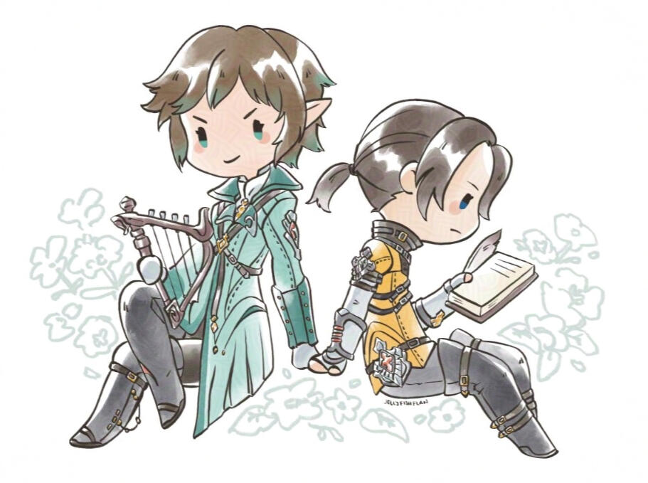 Chibi drawing of Guydelot and Sanson sitting with their backs to each other. Their hands are touching.