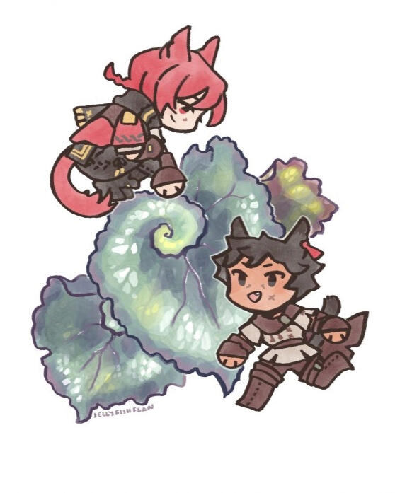Rex begonia 'escargot' Chibi style drawing of G'raha Tia and a Miqo'te WoL with begonia leaves.
