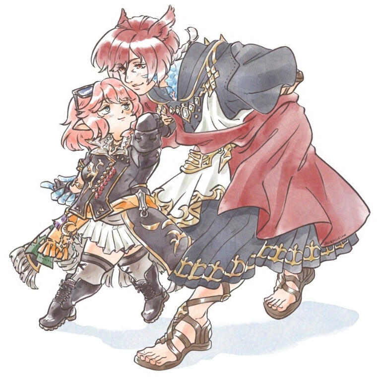 Drawing of a Lalafellin Warrior of Light in a gentle dance with the Crystal Exarch.