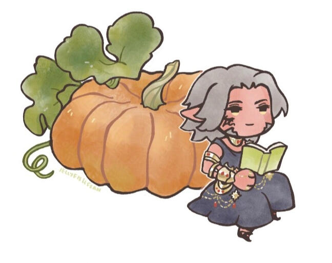 Chibi style drawing of Urianger sitting with a book next to a pumpkin.