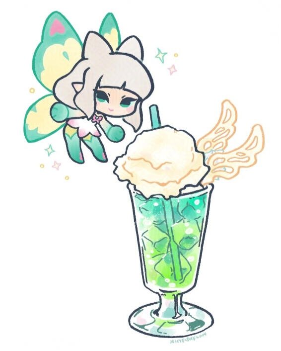 Chibi style drawing of G'raha Tia climbing a waffle cone holding several scoops of colorful ice cream with caramel sauce, star-shaped wafers, and a cherry on top.