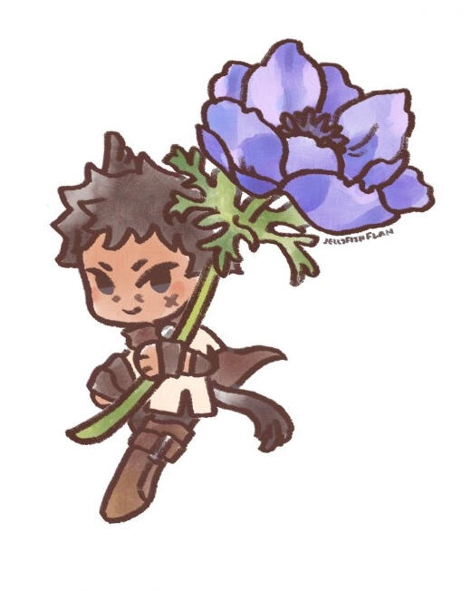 Chibi style drawing of a Miqo'te holding a purple anemone flower.