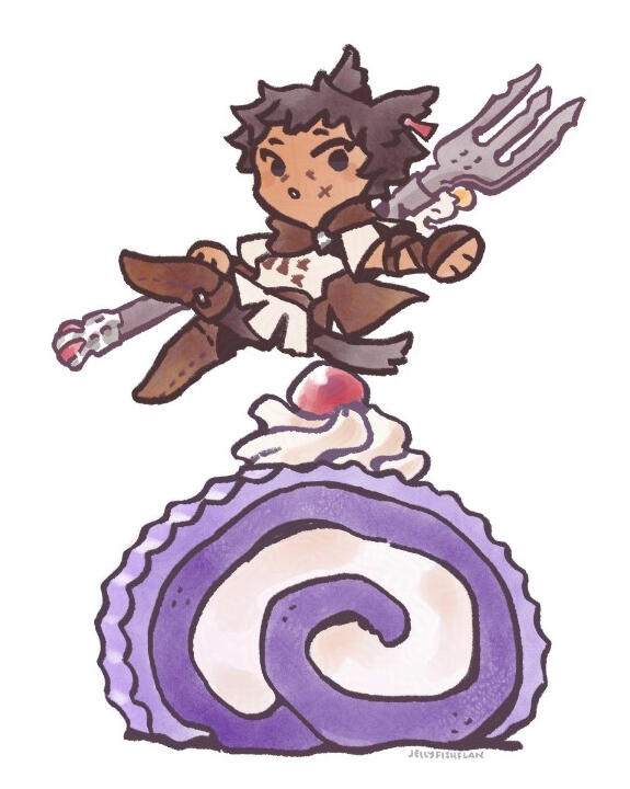 Chibi style drawing of a Miqo'te holding a mogfork while backflipping over a giant slice of ube roll cake.