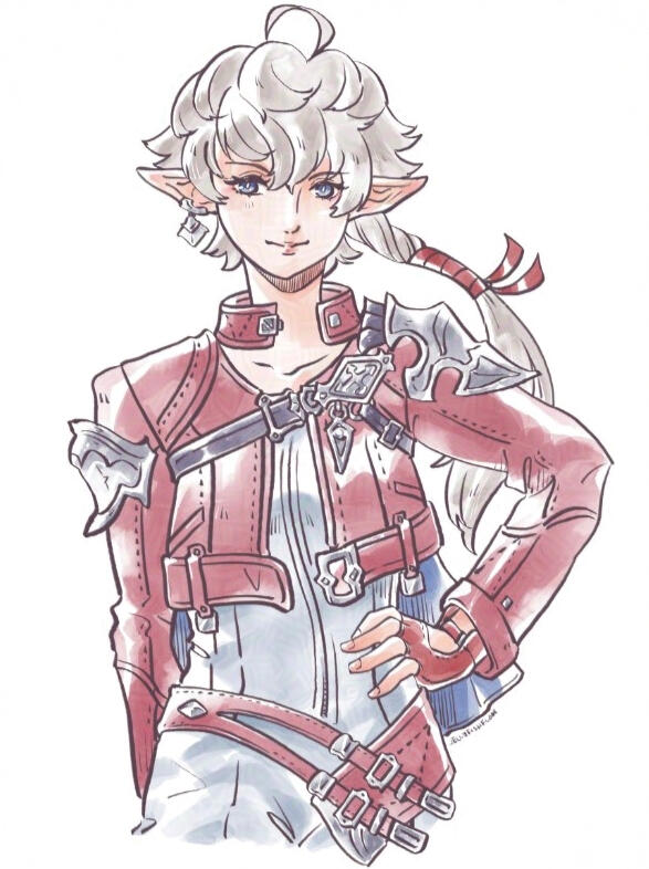 Half body drawing of Alisaie with a hand on her hip.